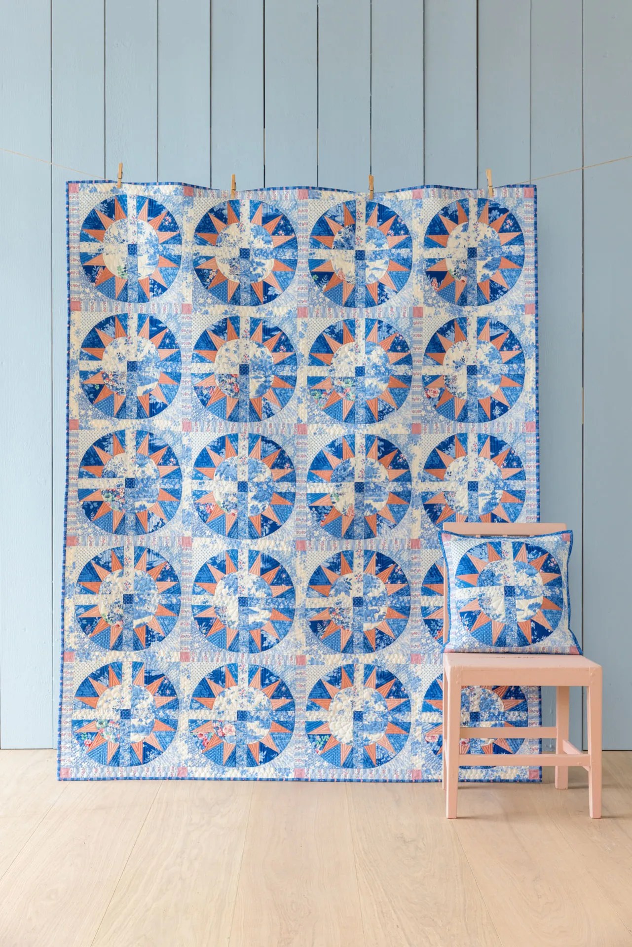 Something Blue-46-Sunny skies Quilt hanging.