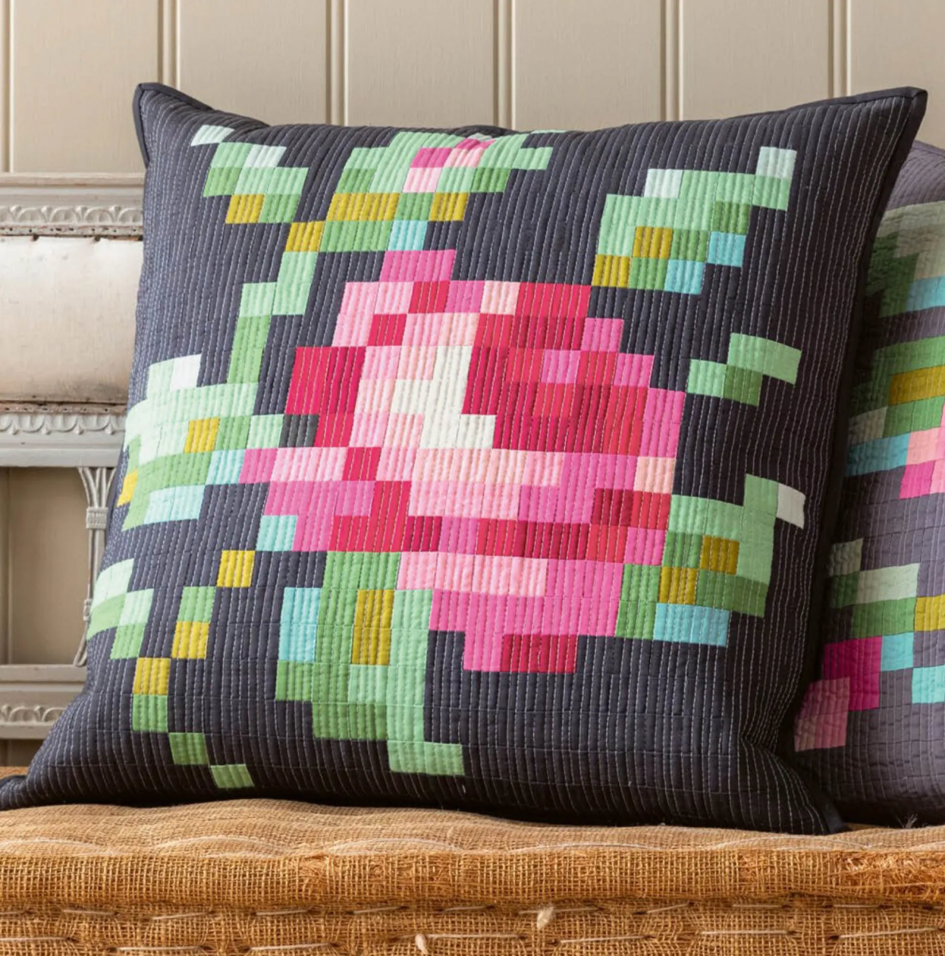 Garden Rose Embroidery Pillow Charcoal.